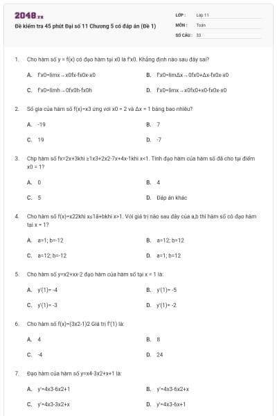 Đề kiểm tra 45 phút Đại số 11 Chương 5 có đáp án (Đề 1)