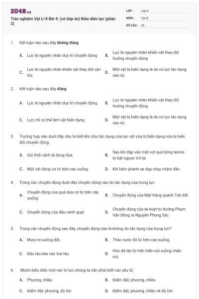 Trắc nghiệm Vật Lí 8 Bài 4: (có đáp án) Biểu diễn lực (phần 2)