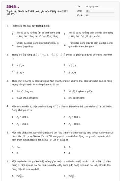 Tuyển tập 30 đề thi THPT quốc gia môn Vật lý năm 2022 (Đề 27)
