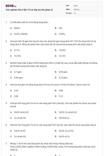 Trắc nghiệm Hóa 9 Bài 19 (có đáp án) Sắt (phần 2)