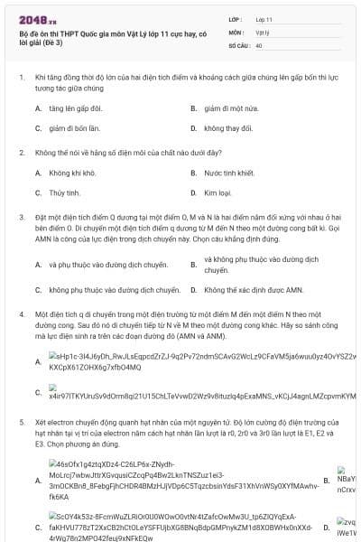 Bộ đề ôn thi THPT Quốc gia môn Vật Lý lớp 11 cực hay, có lời giải (Đề 3)