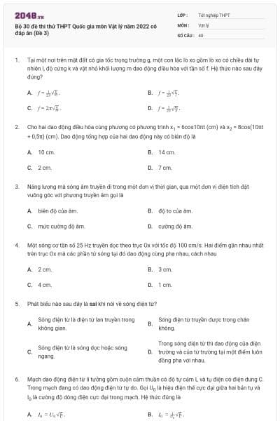 Bộ 30 đề thi thử THPT Quốc gia môn Vật lý năm 2022 có đáp án (Đề 3)