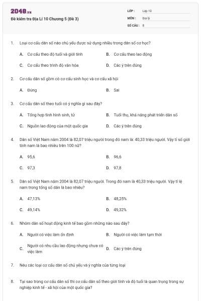 Đề kiểm tra Địa Lí 10 Chương 5 (Đề 3)