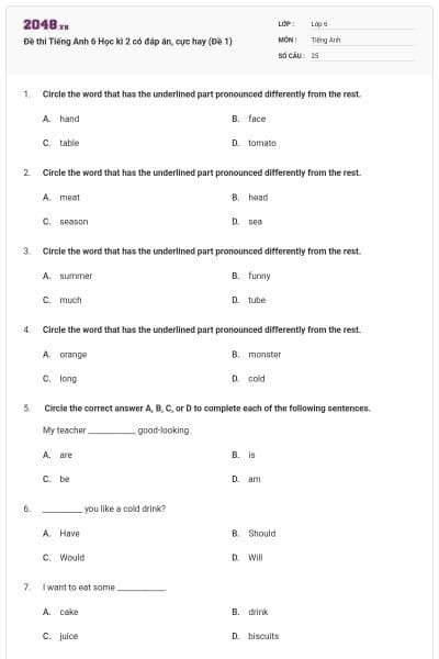 Đề thi Tiếng Anh 6 Học kì 2 có đáp án, cực hay (Đề 1)