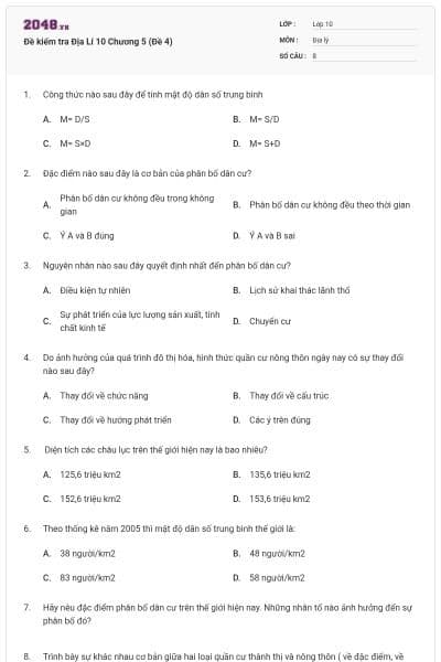 Đề kiểm tra Địa Lí 10 Chương 5 (Đề 4)