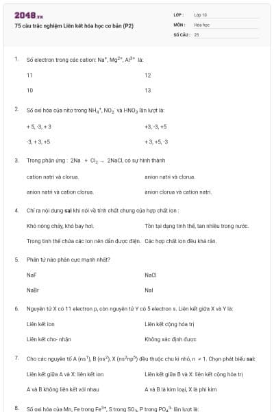 75 câu trắc nghiệm Liên kết hóa học cơ bản (P2)