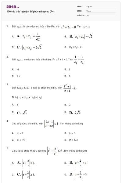 100 câu trắc nghiệm Số phức nâng cao (P4)