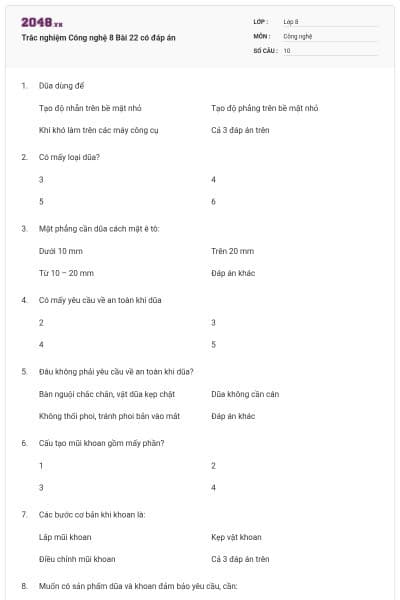 Trắc nghiệm Công nghệ 8 Bài 22 có đáp án