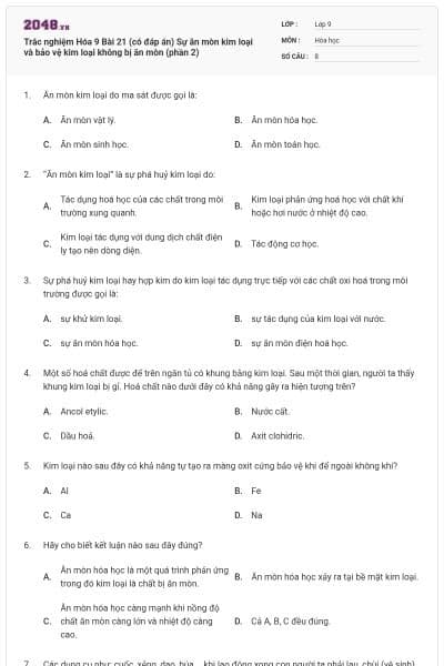 Trắc nghiệm Hóa 9 Bài 21 (có đáp án) Sự ăn mòn kim loại và bảo vệ kim loại không bị ăn mòn (phần 2)