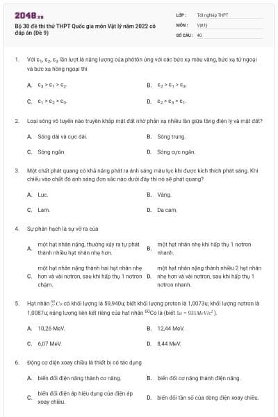 Bộ 30 đề thi thử THPT Quốc gia môn Vật lý năm 2022 có đáp án (Đề 9)