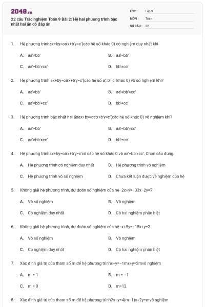 22 câu Trắc nghiệm Toán 9 Bài 2: Hệ hai phương trình bậc nhất hai ẩn có đáp án