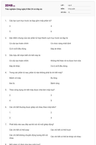 Trắc nghiệm Công nghệ 8 Bài 24 có đáp án