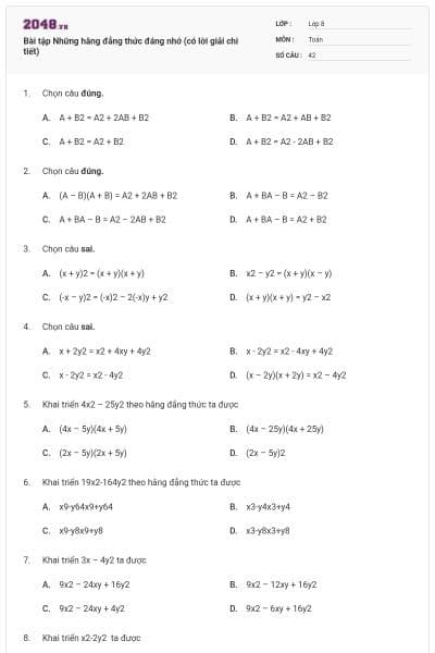 Bài tập Những hằng đẳng thức đáng nhớ (có lời giải chi tiết)