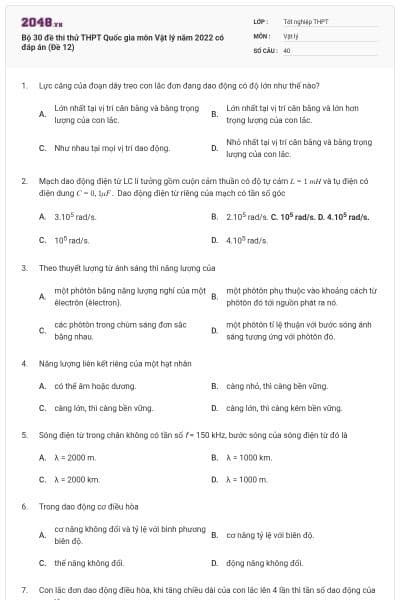 Bộ 30 đề thi thử THPT Quốc gia môn Vật lý năm 2022 có đáp án (Đề 12)