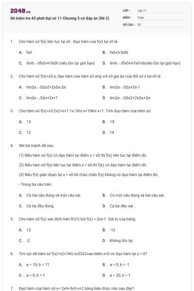 Đề kiểm tra 45 phút Đại số 11 Chương 5 có đáp án (Đề 2)
