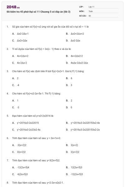 Đề kiểm tra 45 phút Đại số 11 Chương 5 có đáp án (Đề 3)