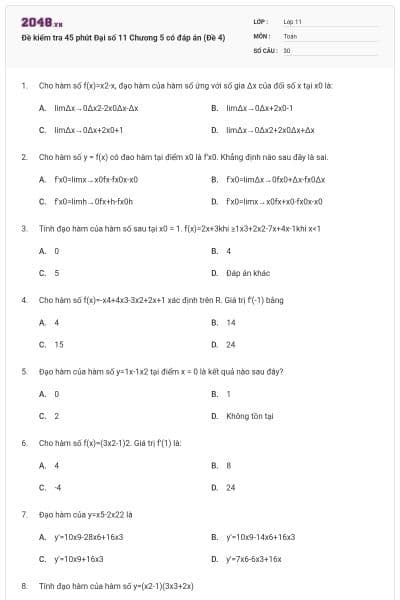 Đề kiểm tra 45 phút Đại số 11 Chương 5 có đáp án (Đề 4)