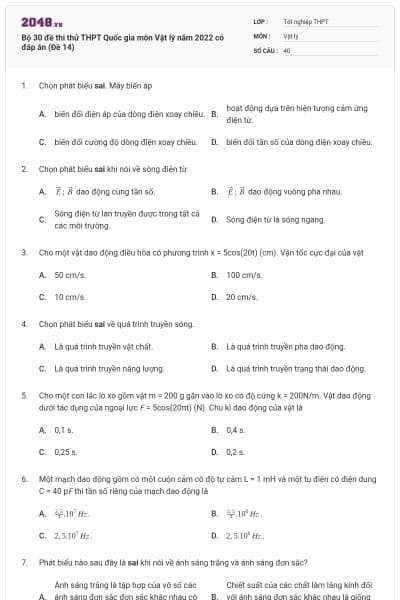 Bộ 30 đề thi thử THPT Quốc gia môn Vật lý năm 2022 có đáp án (Đề 14)