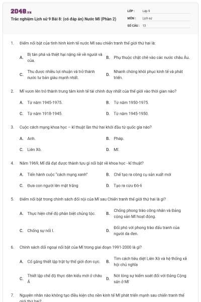 Trắc nghiệm Lịch sử 9 Bài 8: (có đáp án) Nước Mĩ (Phần 2)