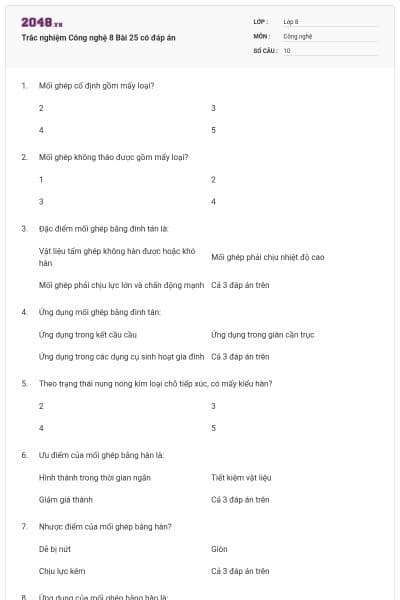 Trắc nghiệm Công nghệ 8 Bài 25 có đáp án