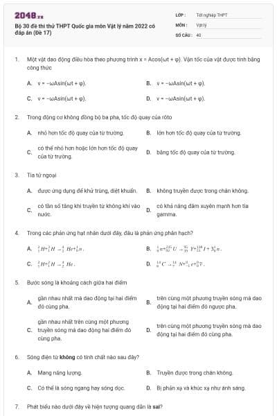 Bộ 30 đề thi thử THPT Quốc gia môn Vật lý năm 2022 có đáp án (Đề 17)