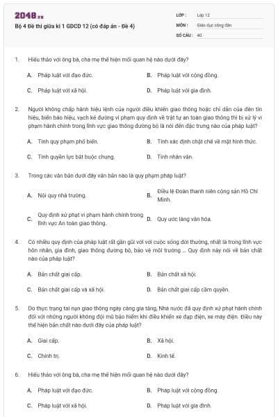 Bộ 4 Đề thi giữa kì 1 GDCD 12 (có đáp án - Đề 4)