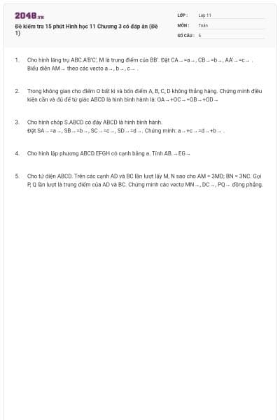 Đề kiểm tra 15 phút Hình học 11 Chương 3 có đáp án (Đề 1)