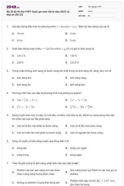 Bộ 30 đề thi thử THPT Quốc gia môn Vật lý năm 2022 có đáp án (Đề 22)
