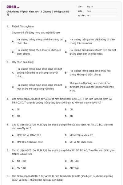 Đề kiểm tra 45 phút Hình học 11 Chương 3 có đáp án (Đề 1)