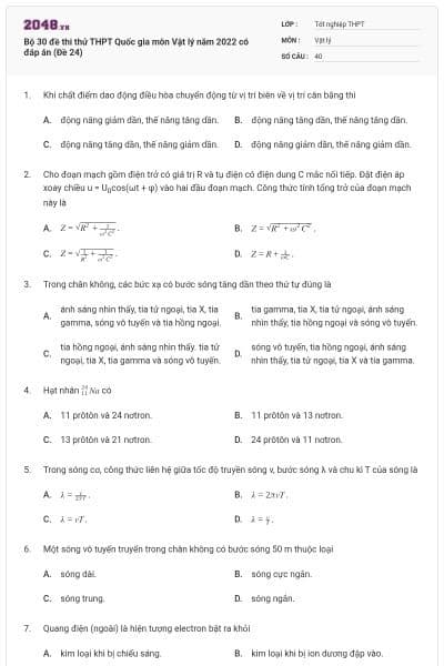 Bộ 30 đề thi thử THPT Quốc gia môn Vật lý năm 2022 có đáp án (Đề 24)