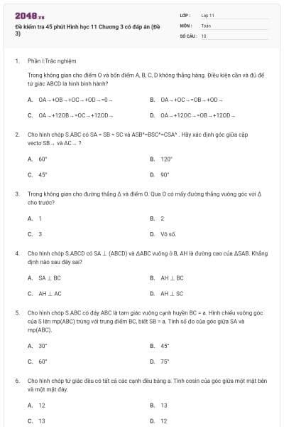 Đề kiểm tra 45 phút Hình học 11 Chương 3 có đáp án (Đề 3)