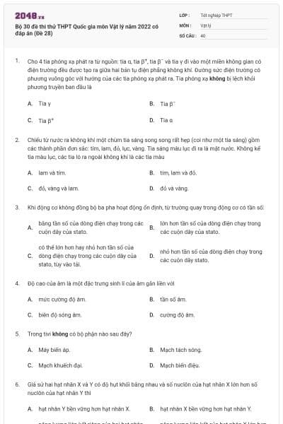 Bộ 30 đề thi thử THPT Quốc gia môn Vật lý năm 2022 có đáp án (Đề 28)