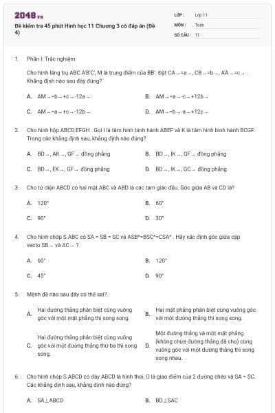 Đề kiểm tra 45 phút Hình học 11 Chương 3 có đáp án (Đề 4)