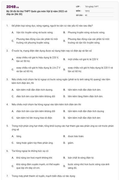 Bộ 30 đề thi thử THPT Quốc gia môn Vật lý năm 2022 có đáp án (Đề 30)