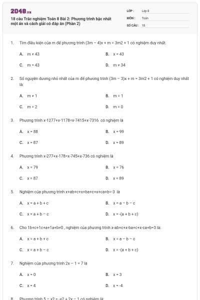 18 câu Trắc nghiệm Toán 8 Bài 2: Phương trình bậc nhất một ẩn và cách giải có đáp án (Phần 2)