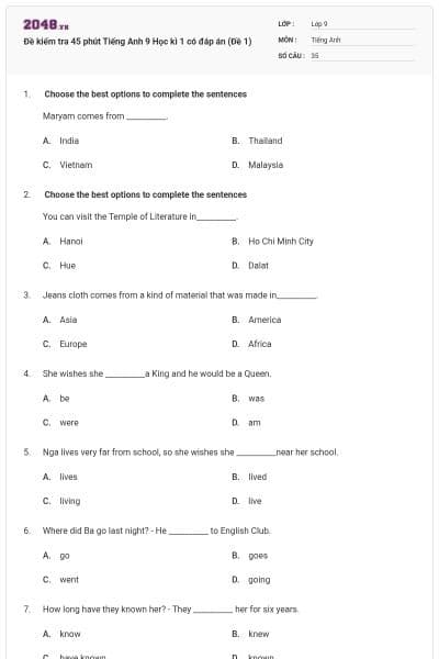 Đề kiểm tra 45 phút Tiếng Anh 9 Học kì 1 có đáp án (Đề 1)