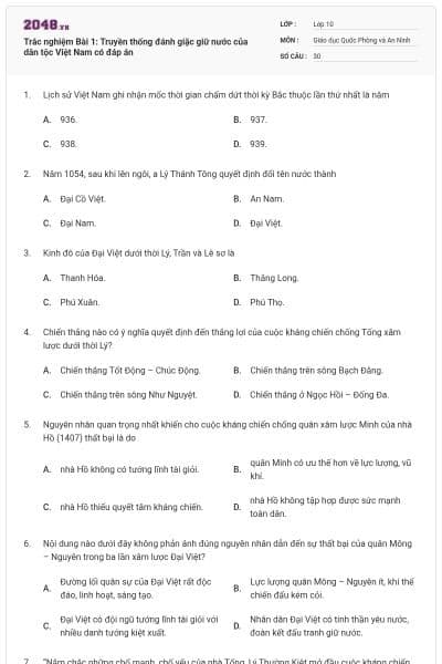 Trắc nghiệm Bài 1: Truyền thống đánh giặc giữ nước của dân tộc Việt Nam có đáp án