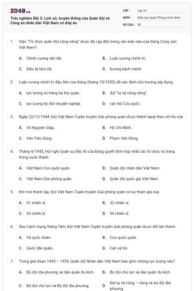 Trắc nghiệm Bài 2: Lịch sử, truyền thống của Quân đội và Công an nhân dân Việt Nam có đáp án