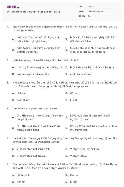 Bộ 4 Đề thi Học kì 1 GDCD 12 (có đáp án - Đề 1)