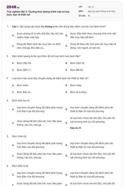Trắc nghiệm Bài 5: Thường thức phòng tránh một số loại bom, đạn và thiên tai
