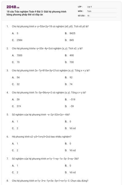 18 câu Trắc nghiệm Toán 9 Bài 3: Giải hệ phương trình bằng phương pháp thế có đáp án