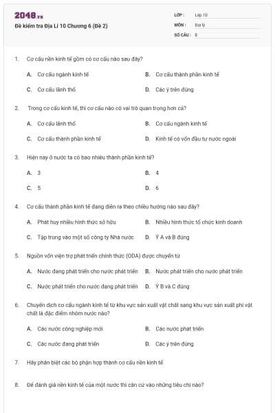 Đề kiểm tra Địa Lí 10 Chương 6 (Đề 2)