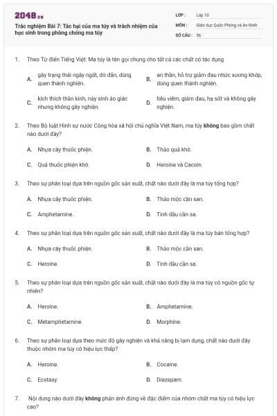 Trắc nghiệm Bài 7: Tác hại của ma túy và trách nhiệm của học sinh trong phòng chống ma túy