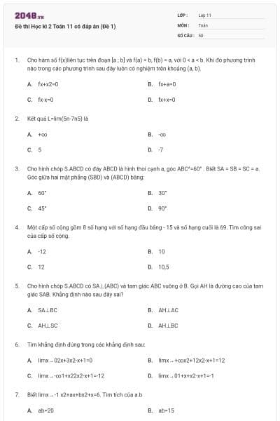 Đề thi Học kì 2 Toán 11 có đáp án (Đề 1)