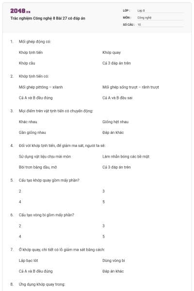 Trắc nghiệm Công nghệ 8 Bài 27 có đáp án