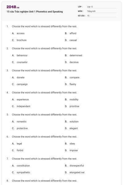 15 câu  Trắc nghiệm Unit 1 Phonetics and Speaking