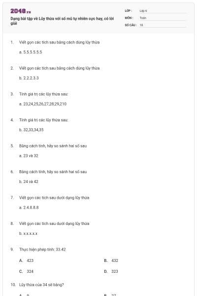 Dạng bài tập về Lũy thừa với số mũ tự nhiên cực hay, có lời giải