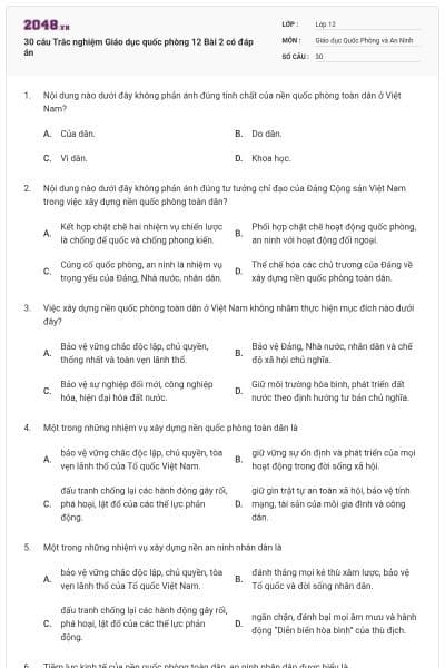 30 câu Trắc nghiệm Giáo dục quốc phòng 12 Bài 2 có đáp án