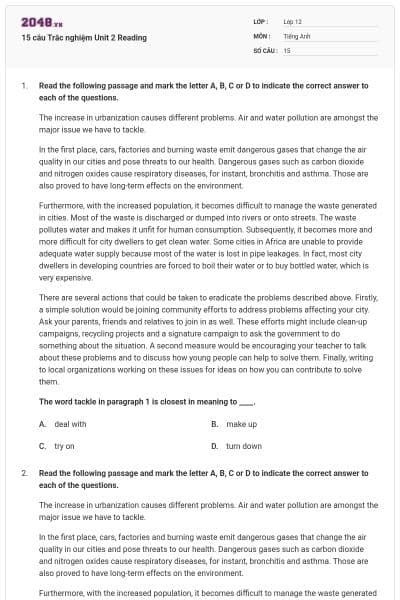 15 câu  Trắc nghiệm Unit 2 Reading