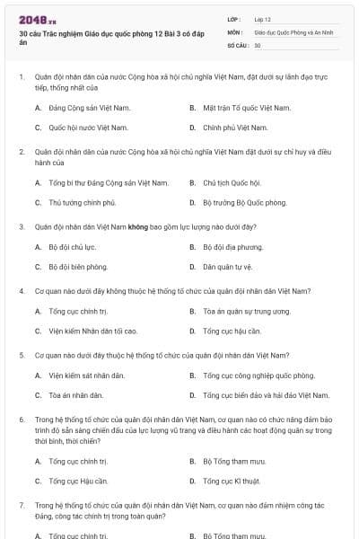 30 câu Trắc nghiệm Giáo dục quốc phòng 12 Bài 3 có đáp án